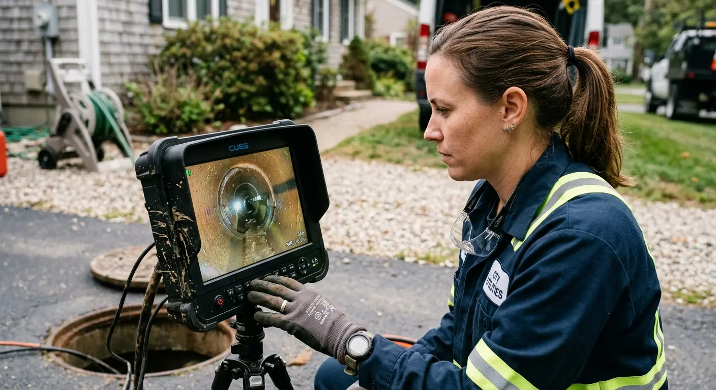 Technician reviewing sewer camera inspection footage in Jefferson