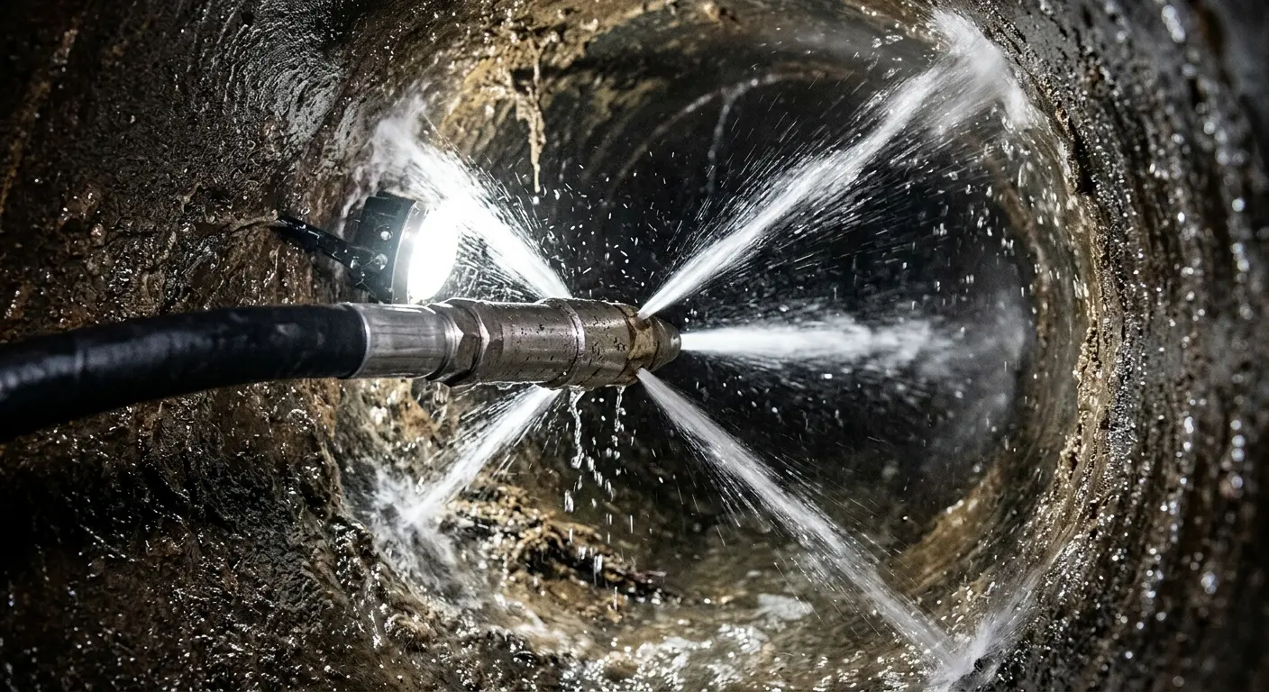 High-pressure hydro jetting nozzle cleaning sewer pipe for Emergency Drain Service in Jefferson