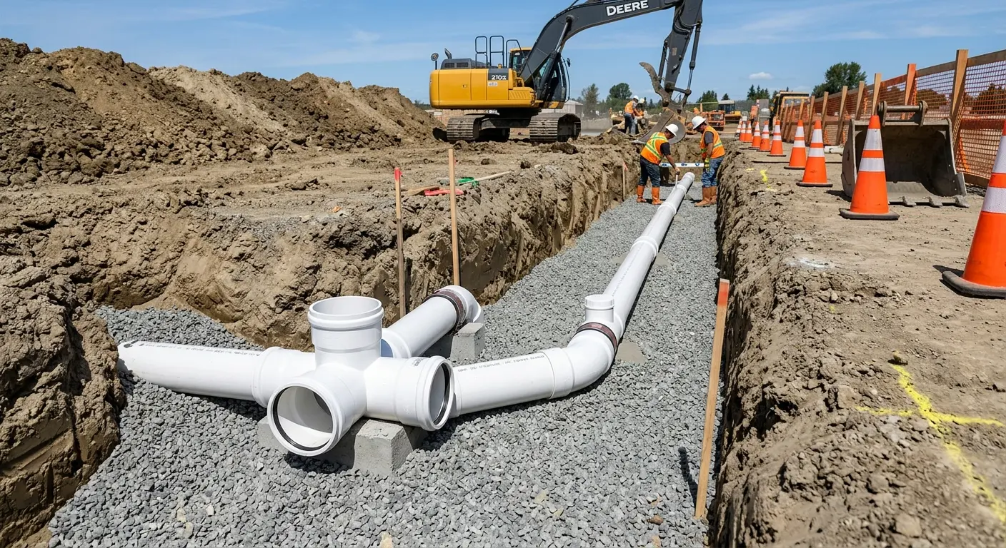 New PVC sewer pipe installation in open trench for Commercial Drain Cleaning in Jefferson